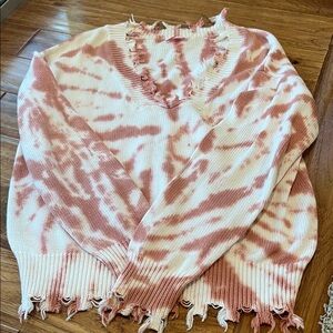 Pink Lily V-Neck Tie-Dye Sweater - Pink and Cream